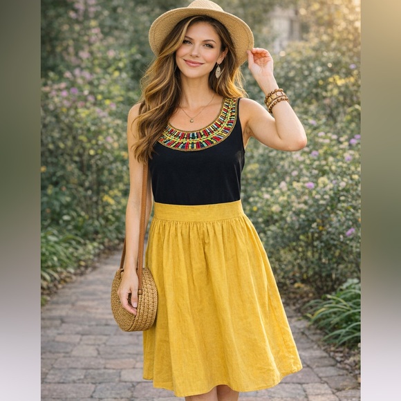 Tiana B. Dresses & Skirts - Boho Beaded Neck Dress Mustard Black Colorblock Sleeveless Size 10